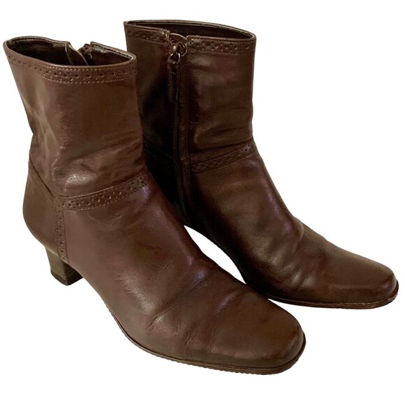 Antonio Melani Leather Anke Boots Coffee Brown Bootie US 6.5 Block Heel Side Zip - Picture 1 of 9